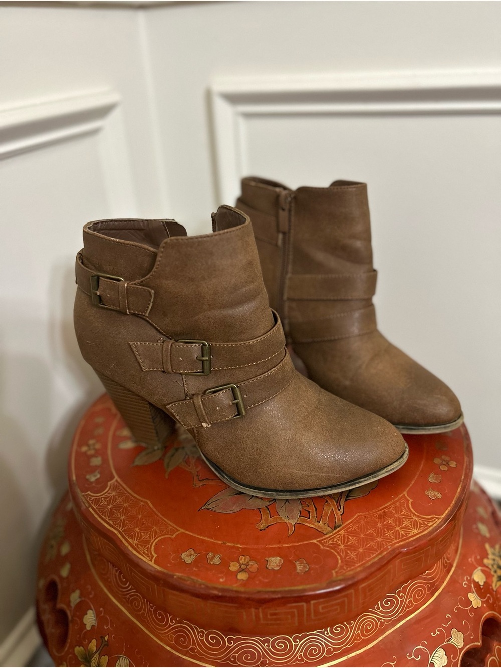 Brown Women's‎ Ankle Booties with Buckle Straps